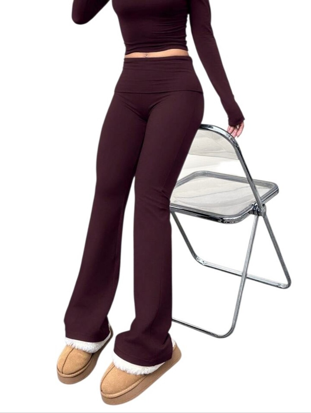 Burgundy Brown Foldover Waist Flare Leg Yoga Pants - Size L Y2K